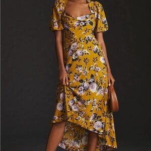 Anthropologie Mustard Floral High-Low Dress